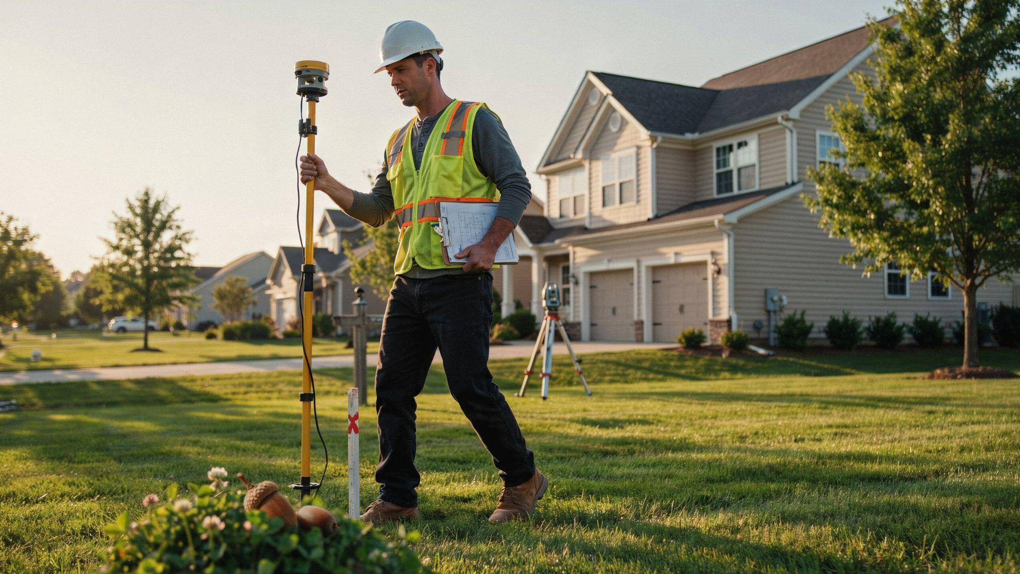Property surveyor measuring residential property boundaries to determine survey costs