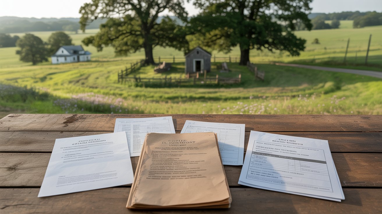 Private burial site on rural property with legal documents and permits displayed nearby.