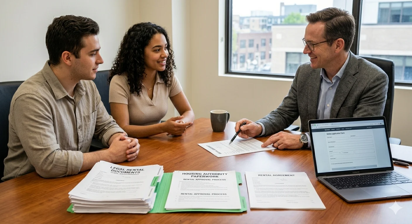 A real estate agent and a client discussing house purchase options in a cozy office setting.