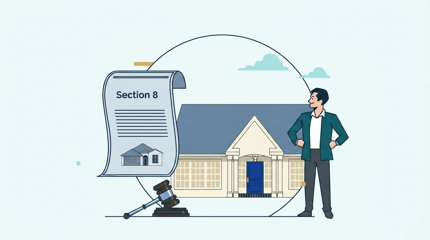 A man stands in front of a house holding a document related to legal requirements for Section 8 landlords.