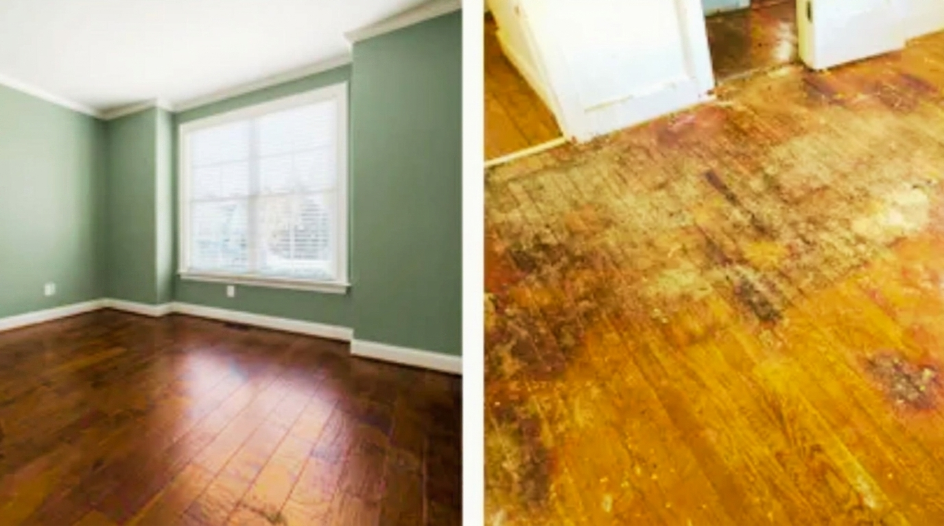 Before and after images of a hardwood floor, highlighting significant damage versus normal wear and tear.