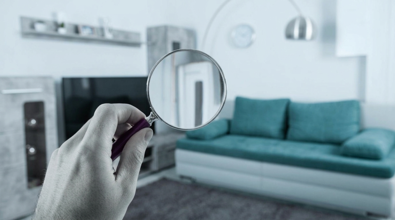 A person examines a couch with a magnifying glass, highlighting normal wear and tear in rental properties after three years.