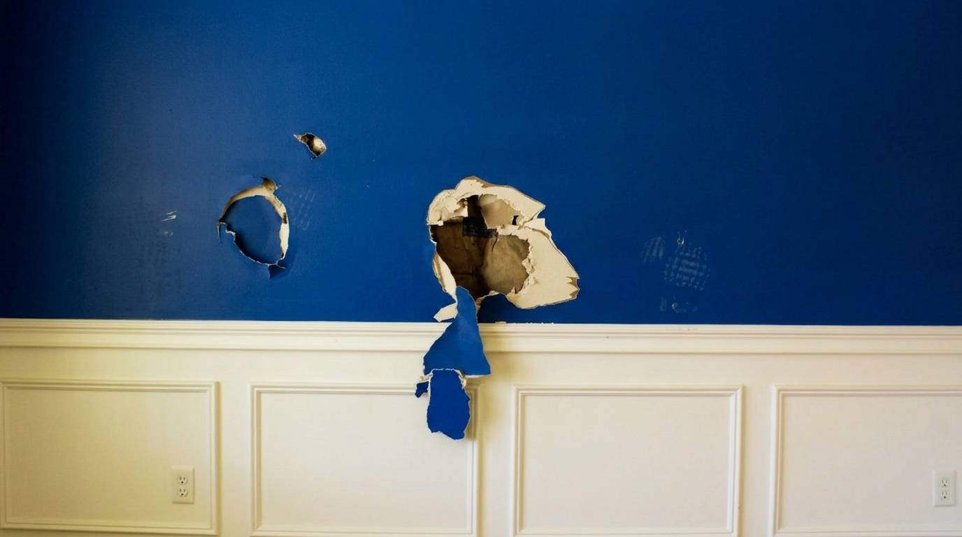 A yellow wall with a hole, representing typical wear and tear observed after three years in a living space.