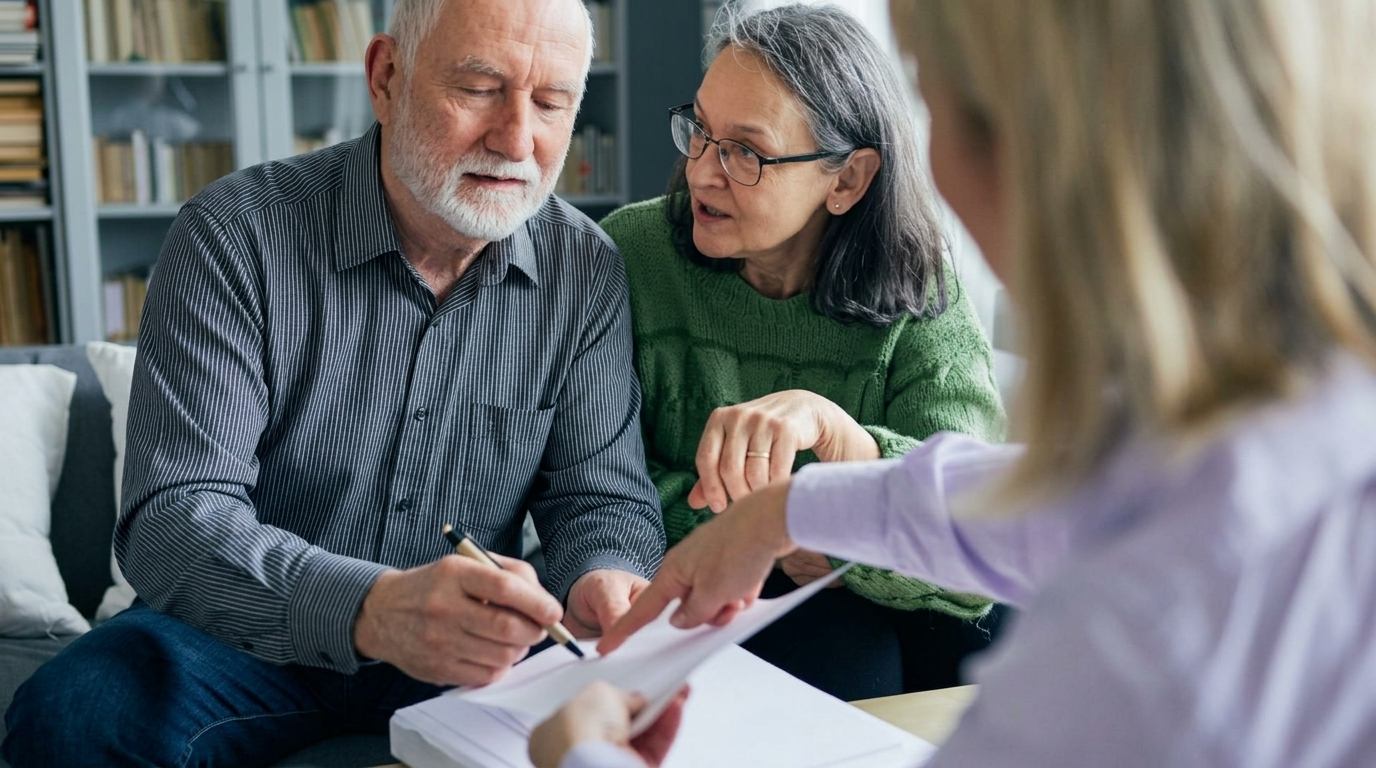 An older couple sits on a couch, reviewing and signing legal documents for power of attorney in Florida.