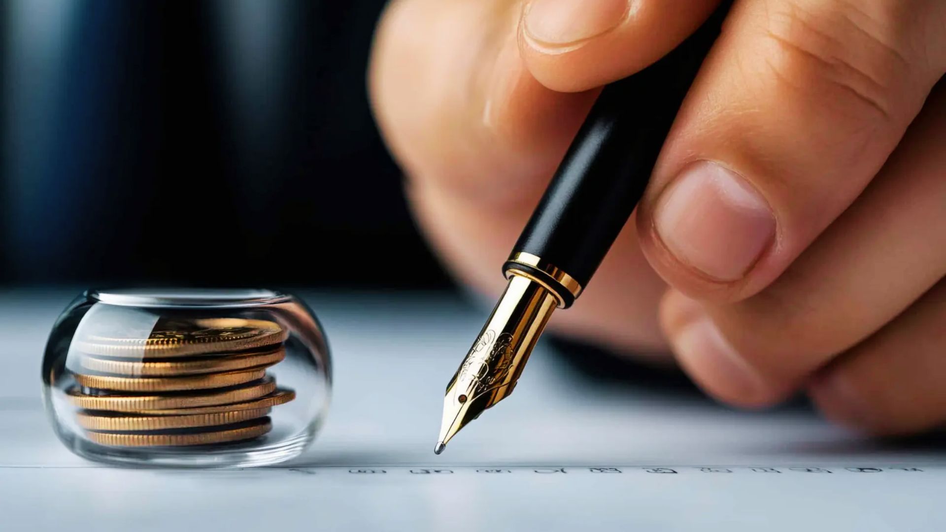 Fountain pen signing legal document beside stacked coins in glass jar, symbolizing interspousal transfer deed and financial asset division