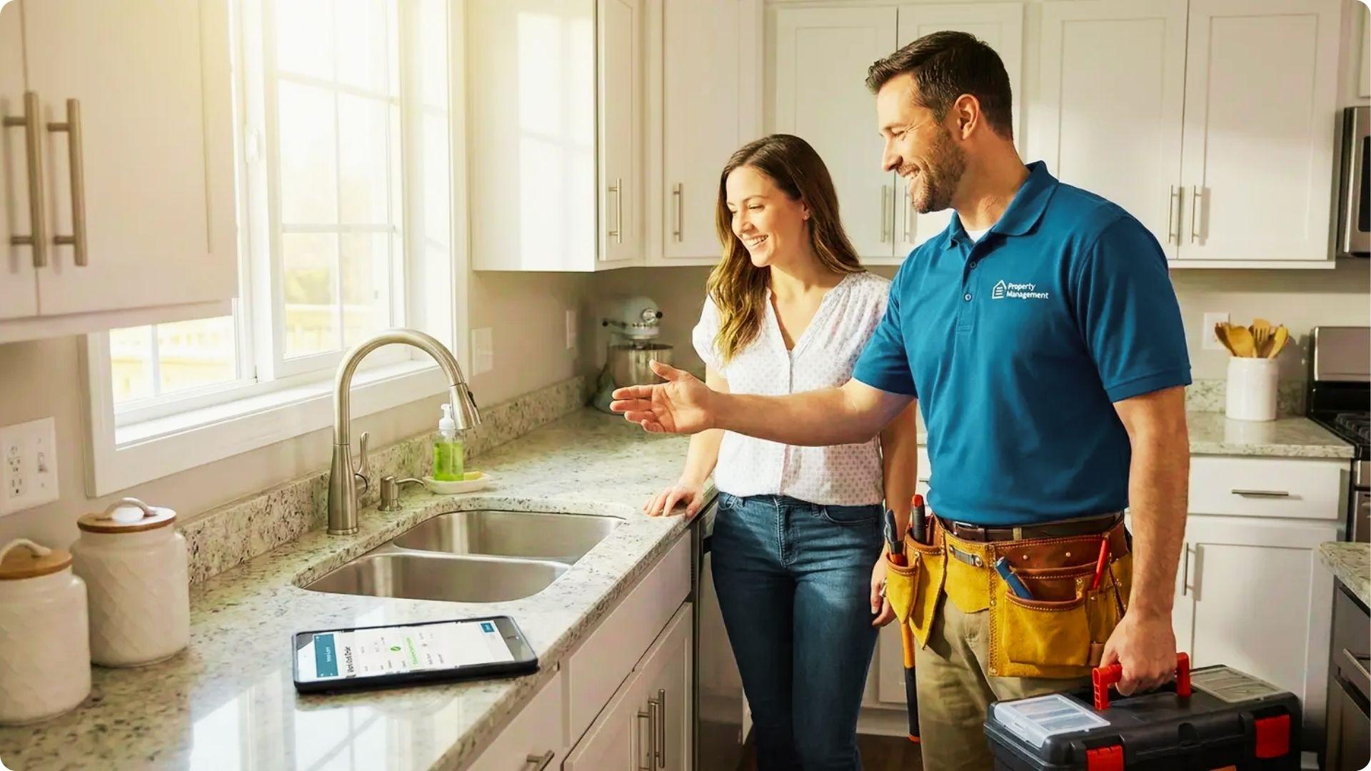 Property manager in a tool belt talking to a tenant in a kitchen about repairs.