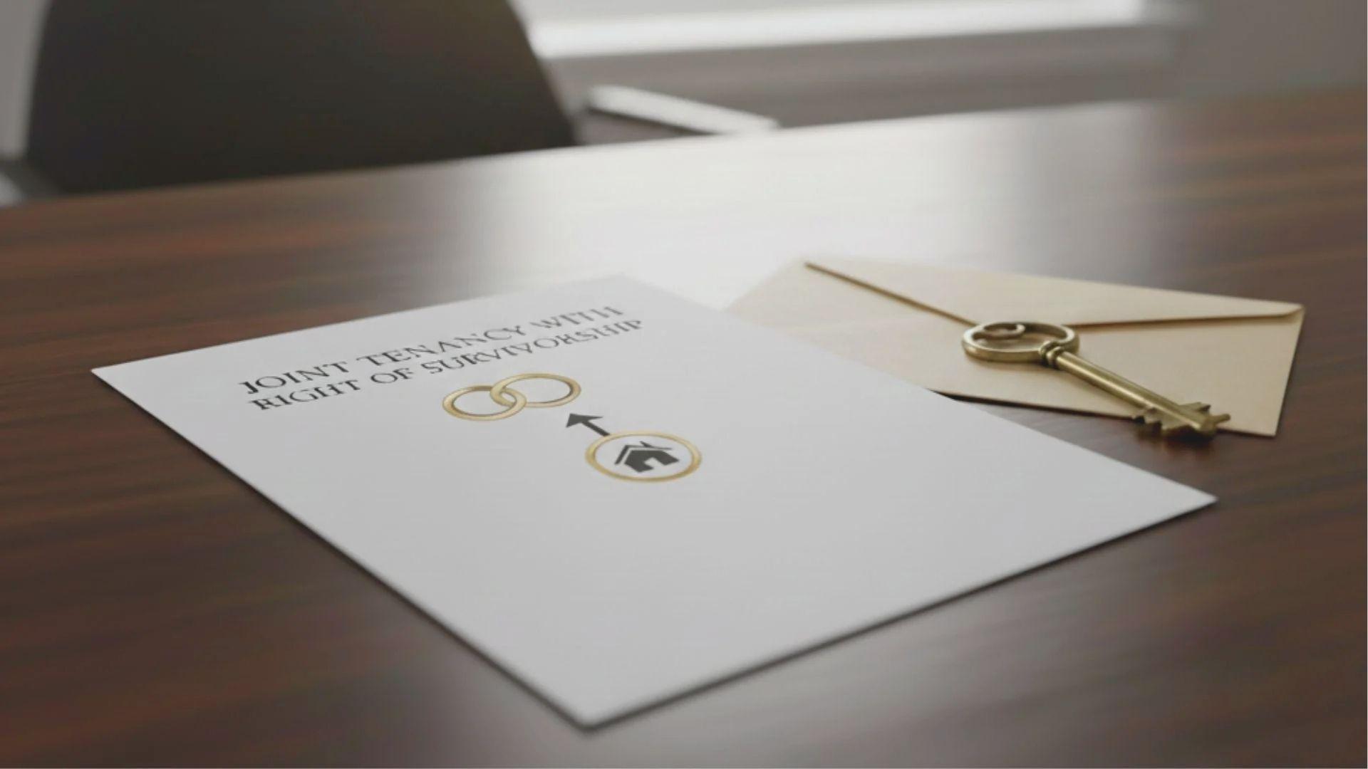 A document titled "Joint Tenancy with Right of Survivorship" lies on a desk next to a house key and envelope.