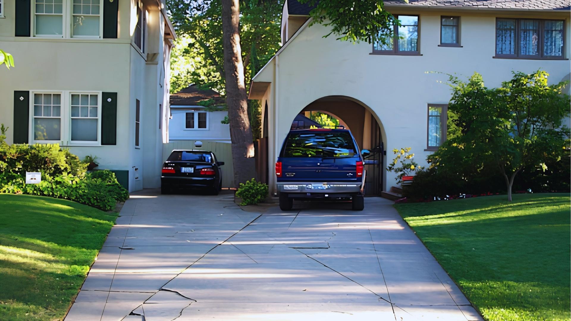 Narrow concrete shared driveway runs between two cream houses with black shutters, parked cars showing common driveway easement use.
