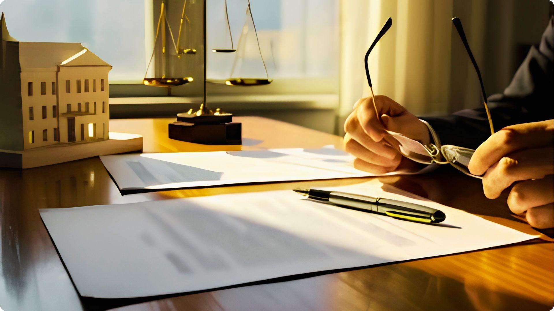 Legal scales, contract papers, and a house model on a lawyer’s desk with a person holding glasses.