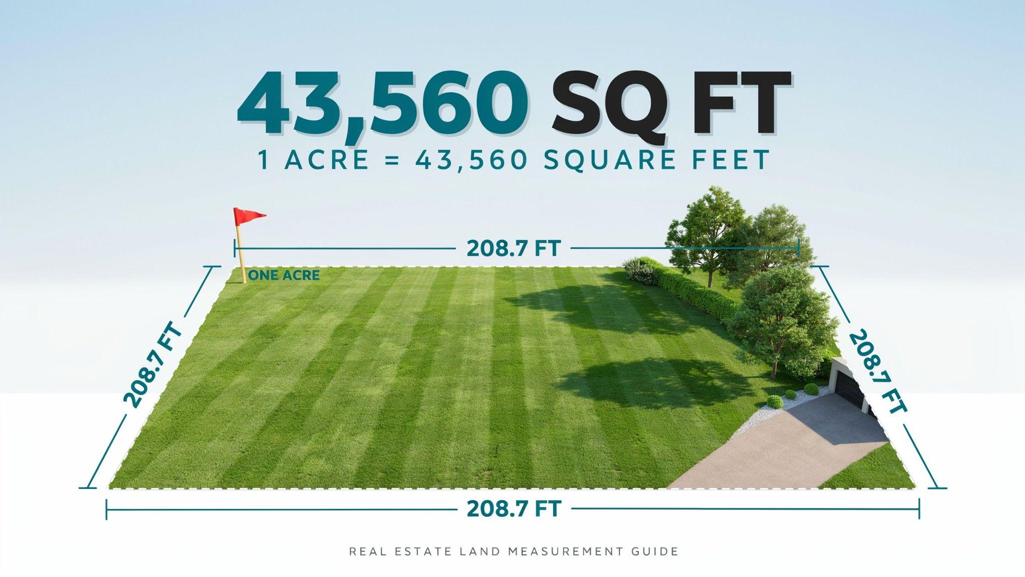 Visual representation of one acre with square feet, square yards, meters, and hectare conversions.