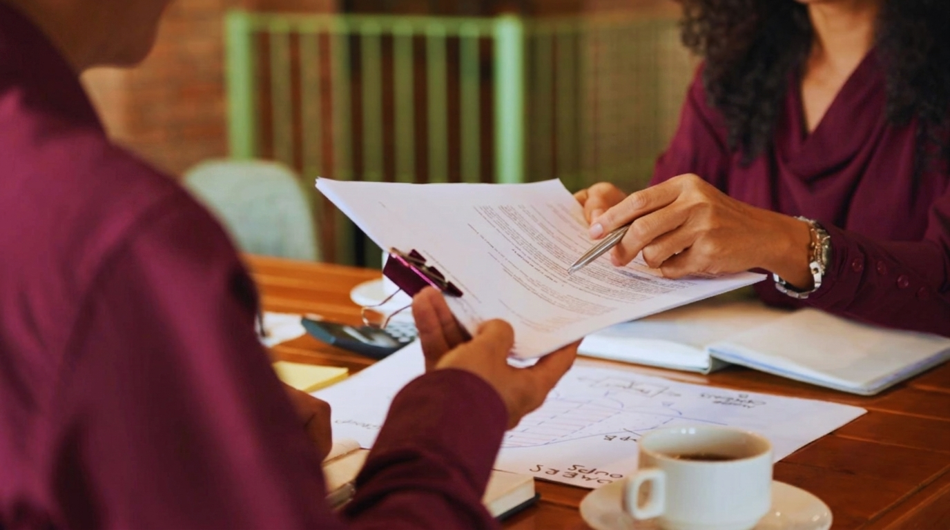 A man and woman are seated at a table, discussing papers about the process of getting Power of Attorney in Florida.