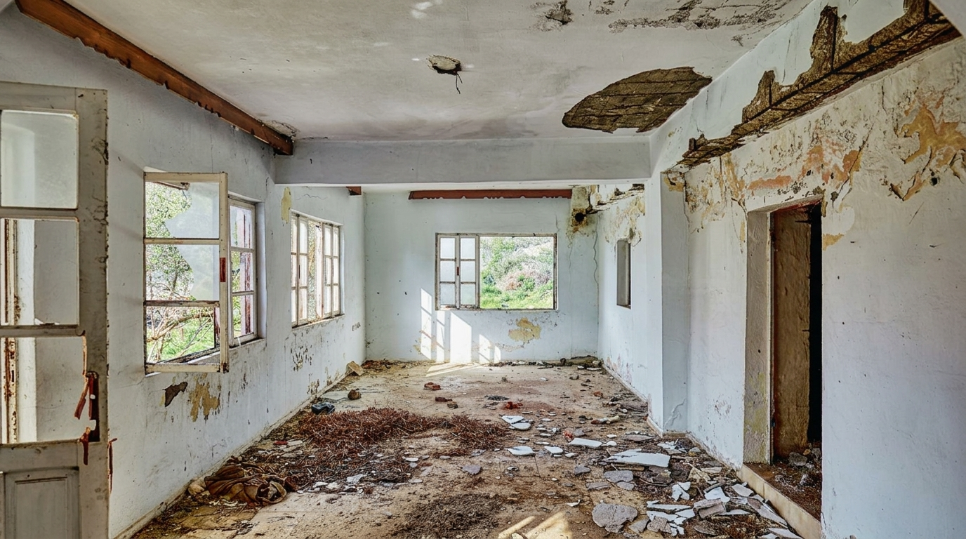 A dusty, debris-filled room showcasing significant dirt and disorder, indicating long-term neglect.