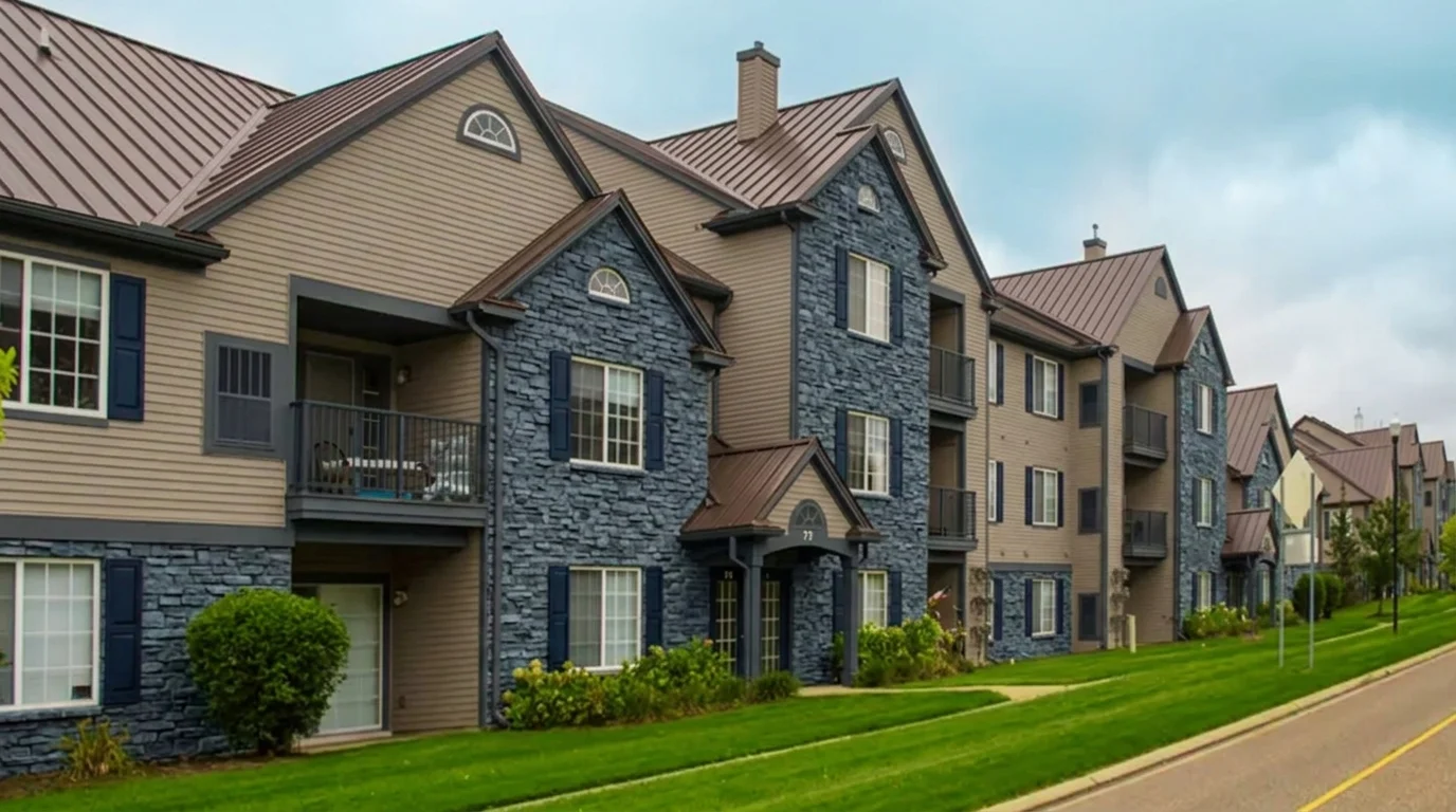A series of apartment buildings with vibrant green grass and trees, showcasing a well-maintained residential area.