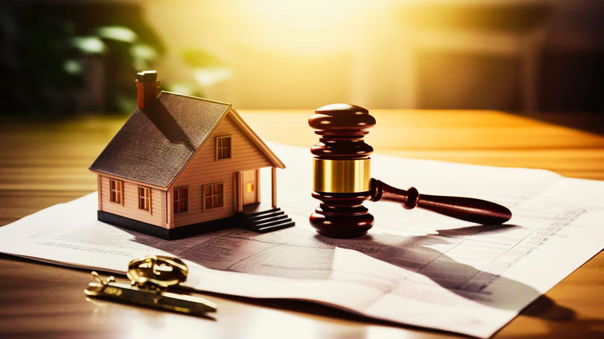 A model of a house alongside a gavel on a table, representing the legal aspects of a Pour-Over Will.