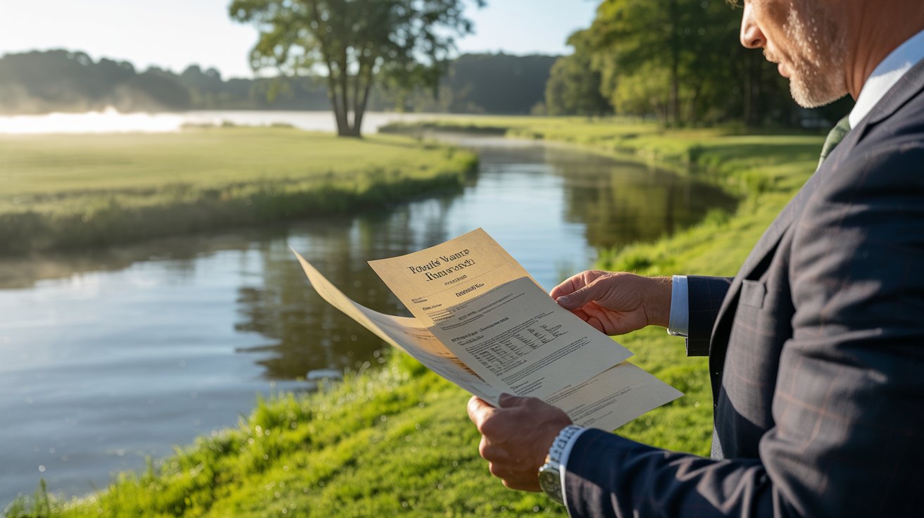 Waterfront property owner standing beside a river illustrating riparian rights and water access ownership.