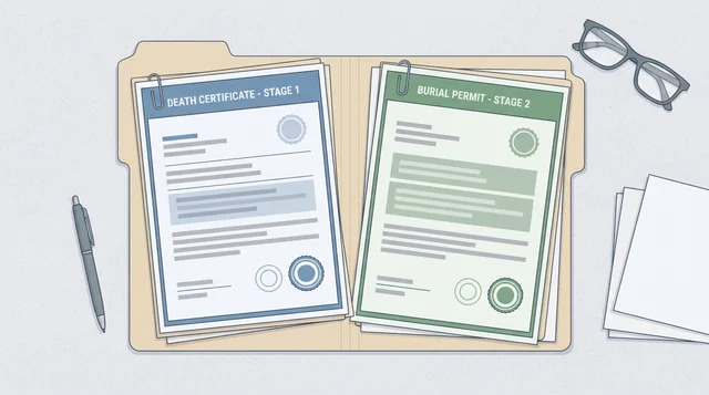 Death certificate and burial permit documents arranged in filing sequence.