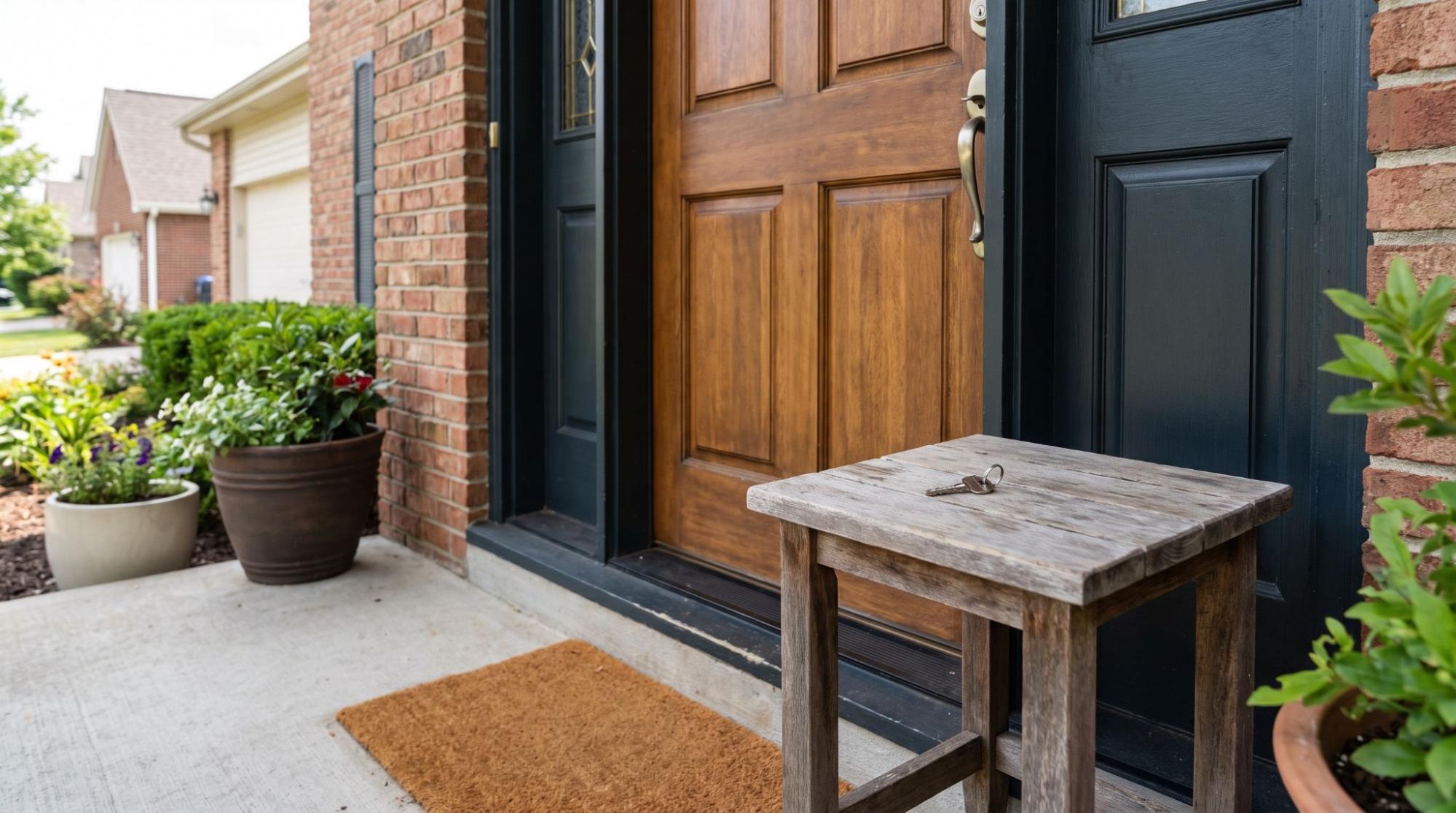 Front door of a house with a single key resting on a table beside the entrance.
