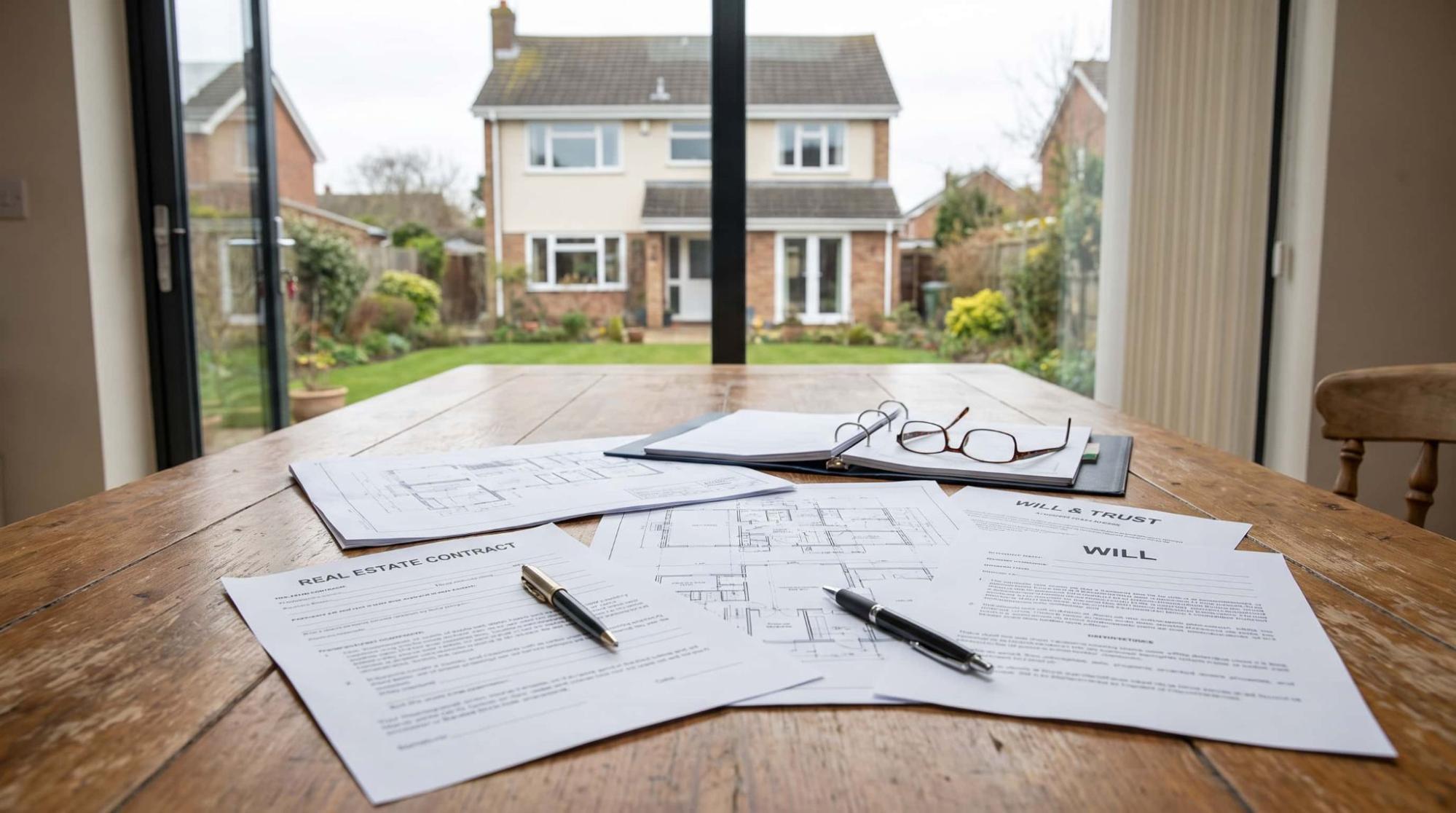 Property deed, trust document, will, and probate records beside a residential property