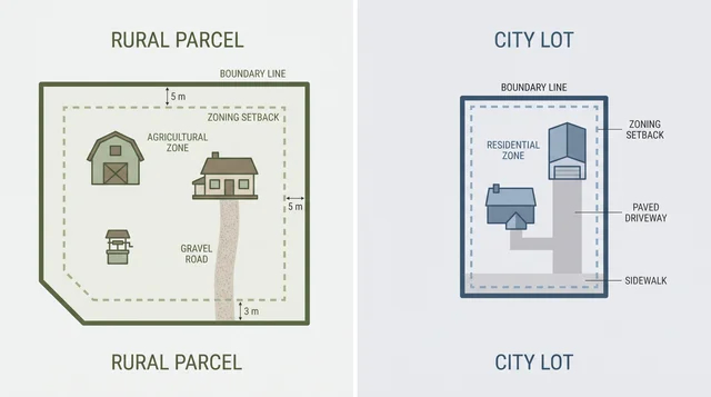 Diagram comparing rural land and a city lot, each with zoning and setback lines marked.