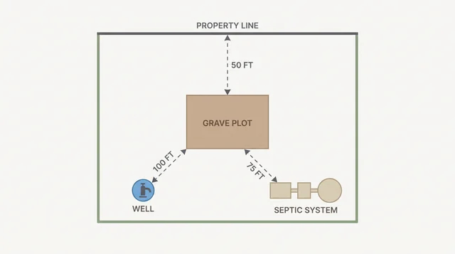 Diagram of a grave plot with setback distances to a property line, well, and septic system.