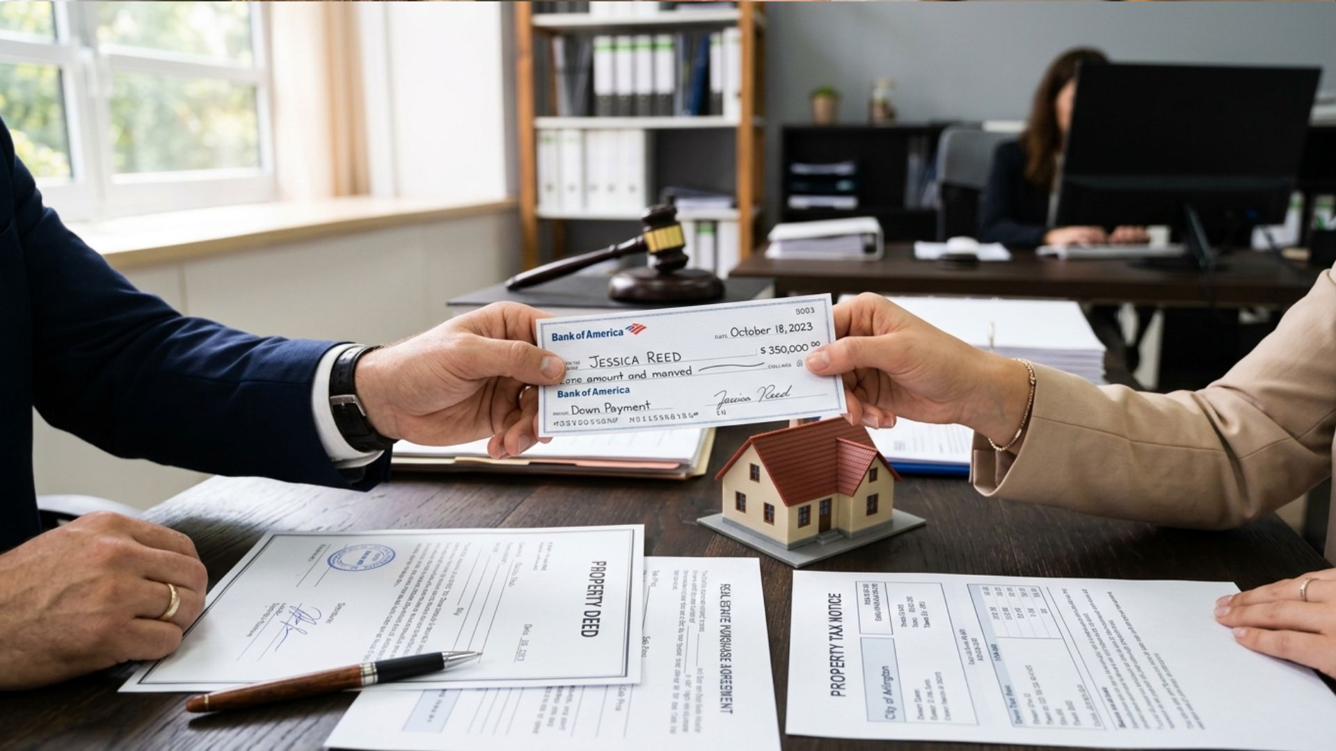 Property tax notice beside deed documents illustrating tax liens and ownership differences.