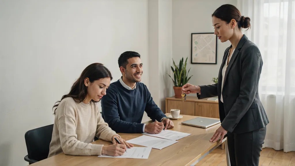 Home buyers signing property transfer documents during closing