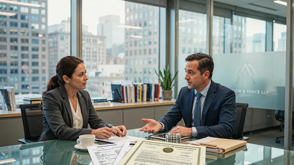 Business owner reviewing intellectual property documents with a legal professional.