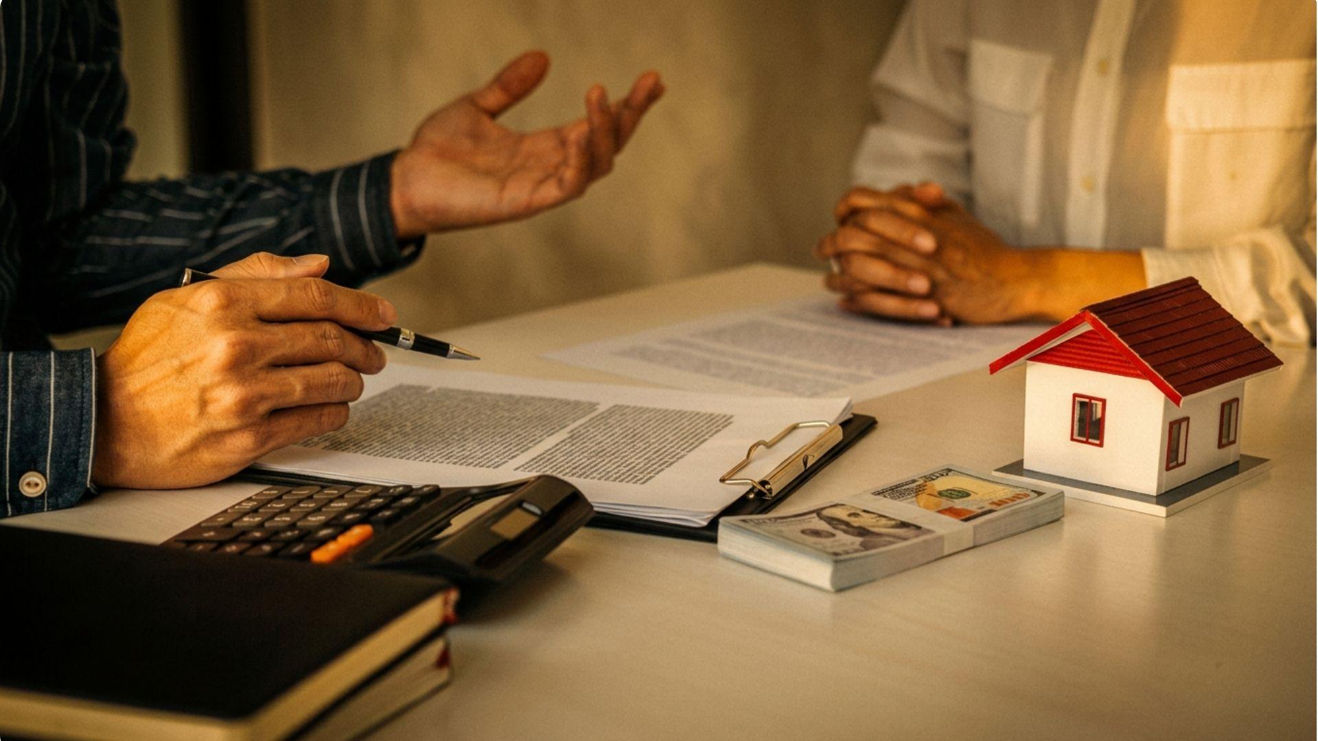 Agent discussing contract with client, calculator, cash, and model house on desk