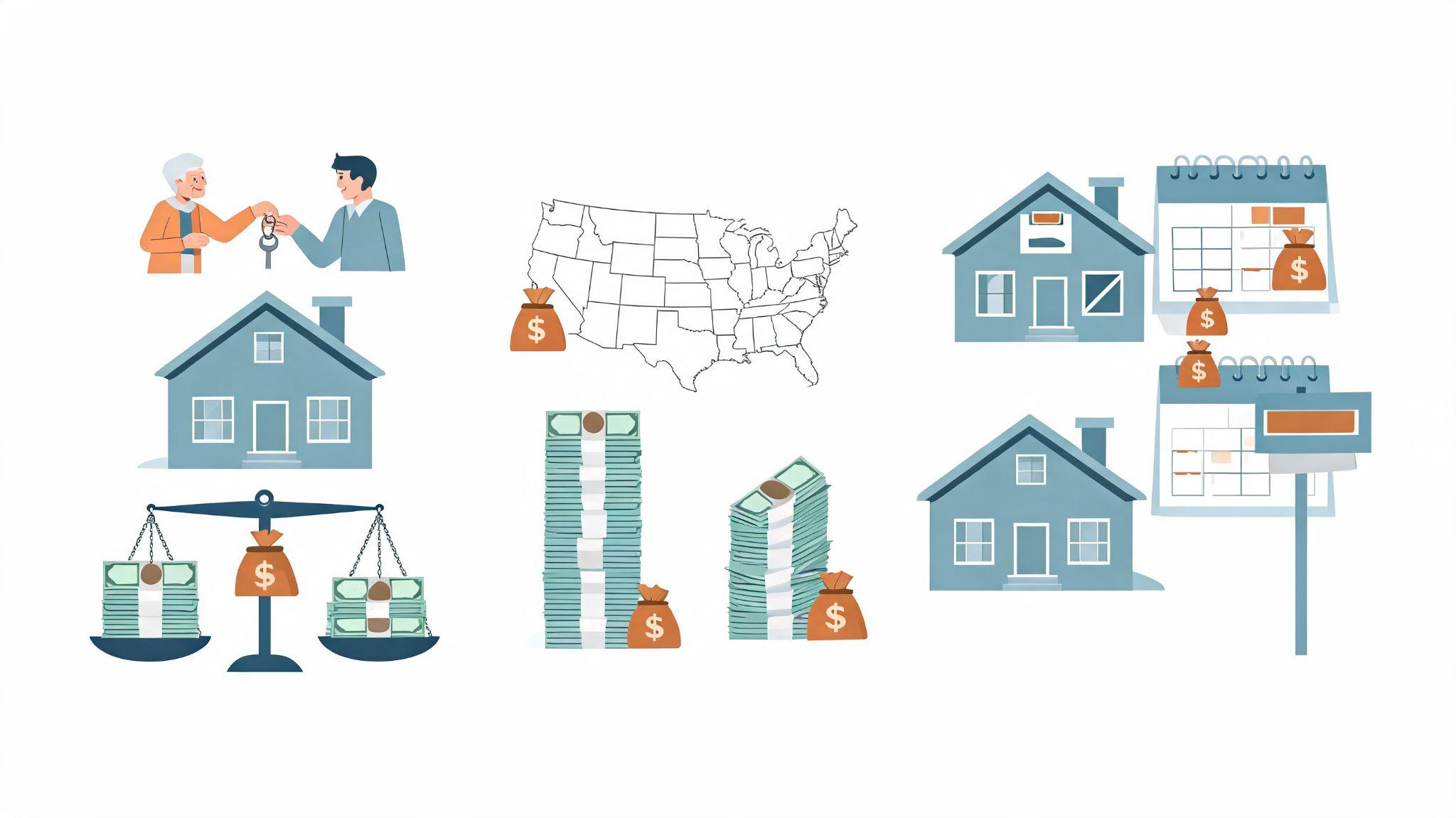 Illustrations depicting real estate financial concepts including mortgages, property taxes, and housing value.