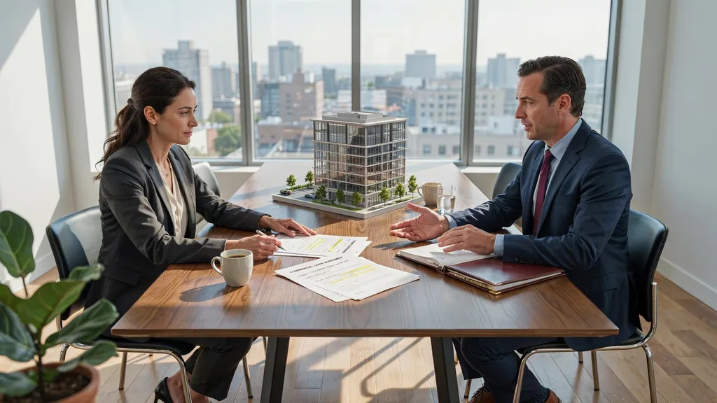 Business owner reviewing commercial property lease with legal documents.