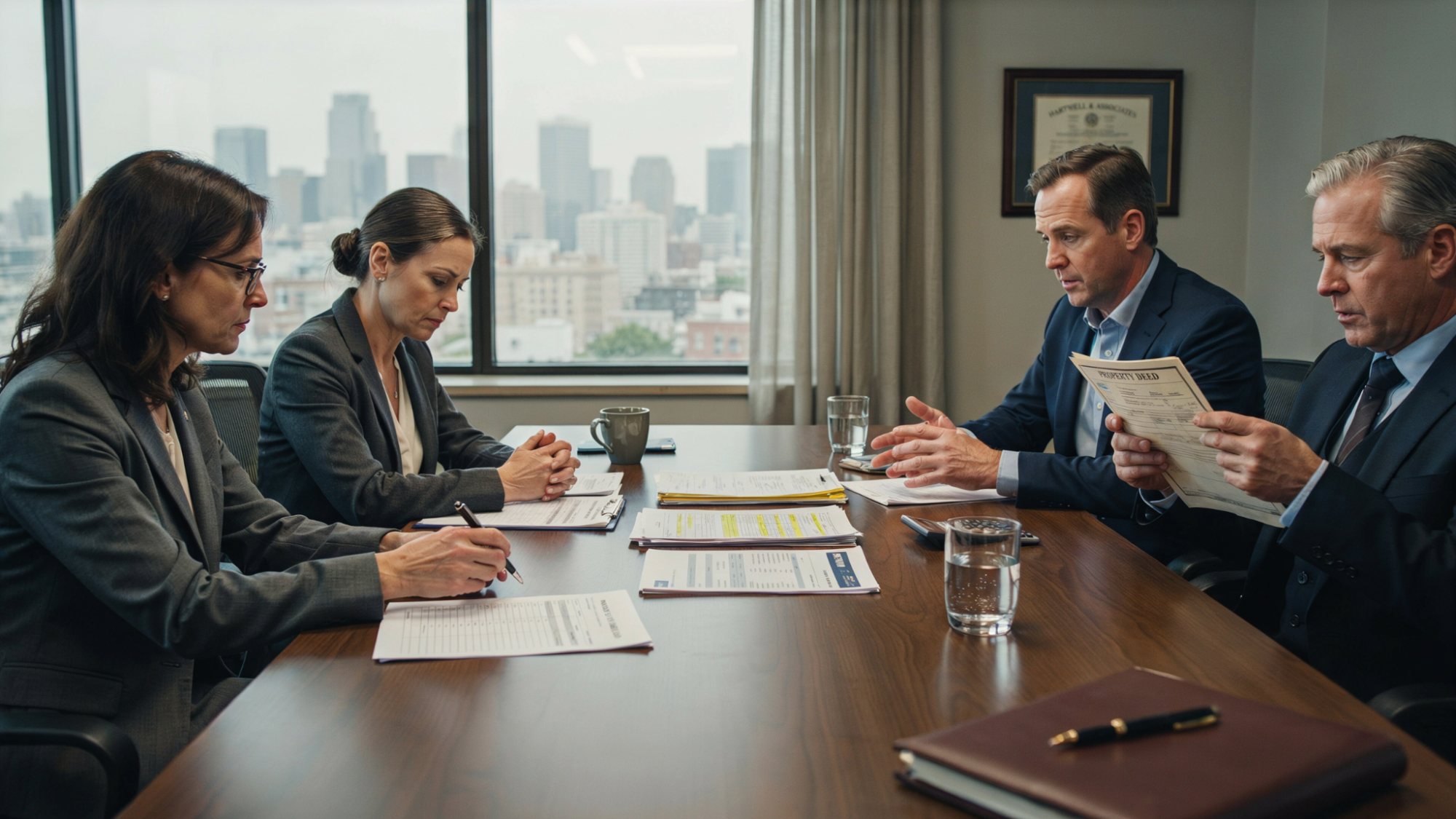 Divorcing spouses reviewing property ownership and financial records during legal mediation.