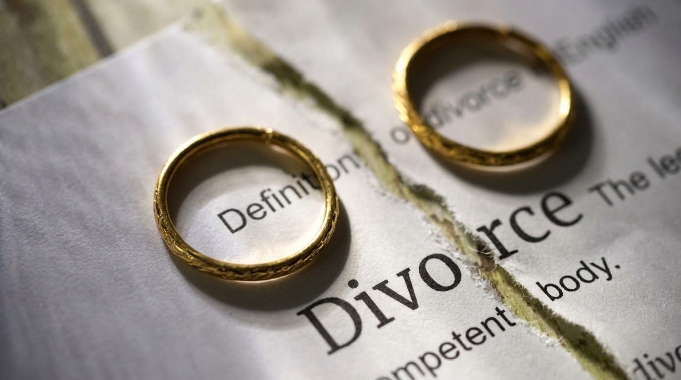 Two gold wedding rings rest on a torn paper printed with the word divorce and its definition.