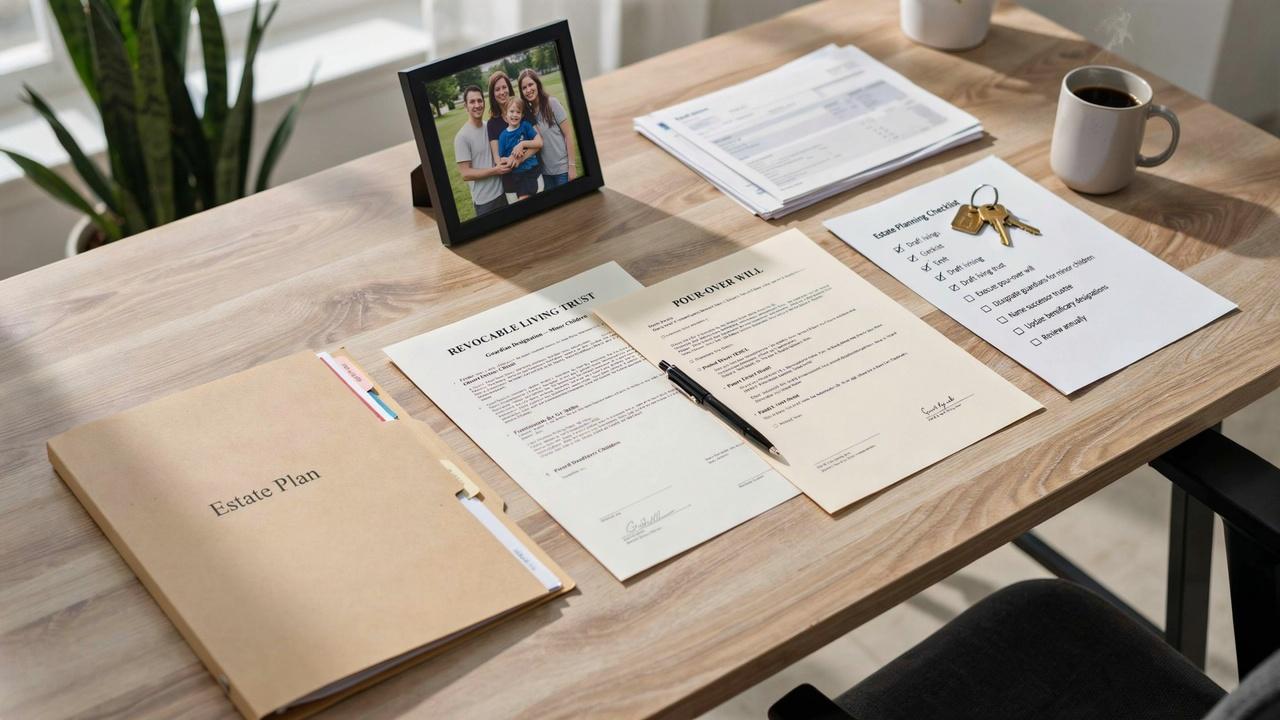 Living trust and will documents together with estate planning checklist showing complete family and asset protection plan.