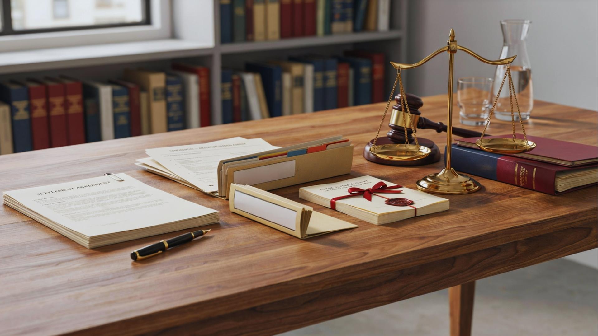 Legal documents, settlement files, and gavel representing partnership dispute resolution methods.