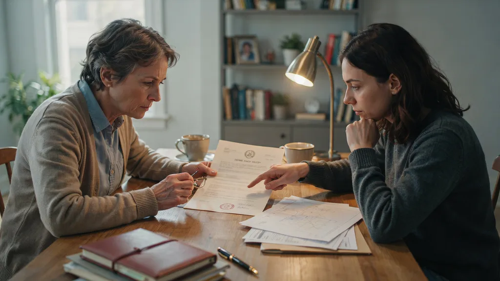 Parent and adult child reviewing a property deed together with a real estate document on a table.