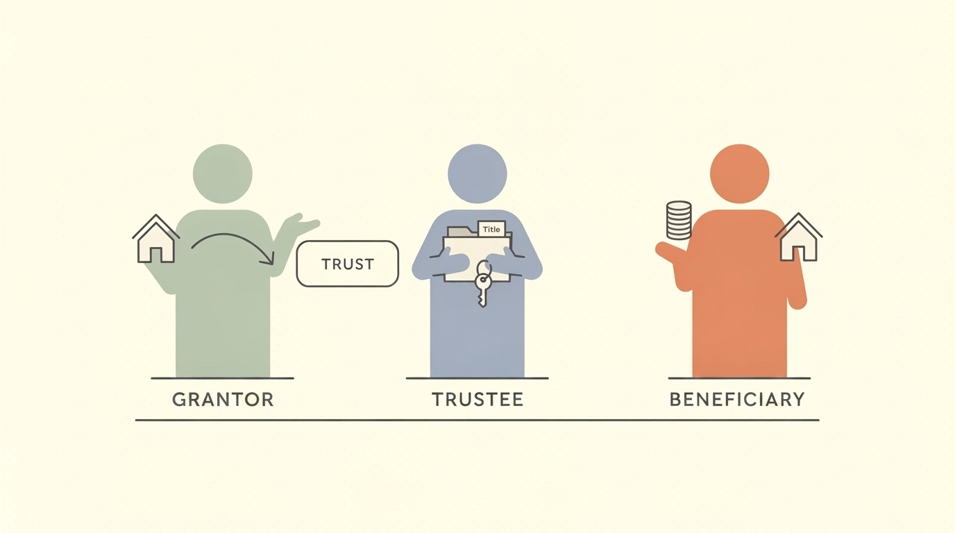 Illustration showing three trust roles: grantor, trustee, and beneficiary explained.