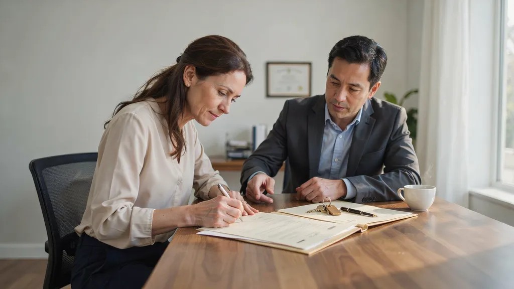 Homeowners completing paperwork to change property ownership records