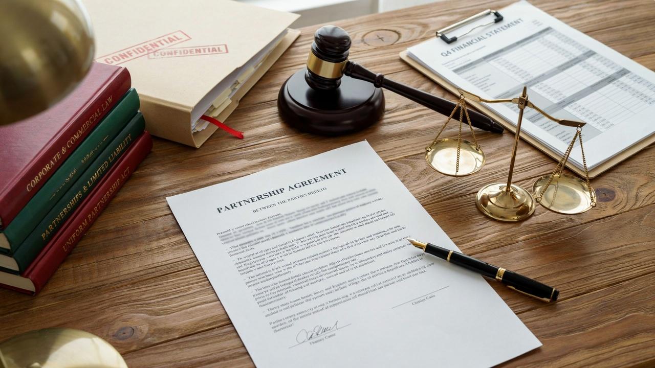 Partnership agreement with legal documents and gavel illustrating business partnership legal representation.