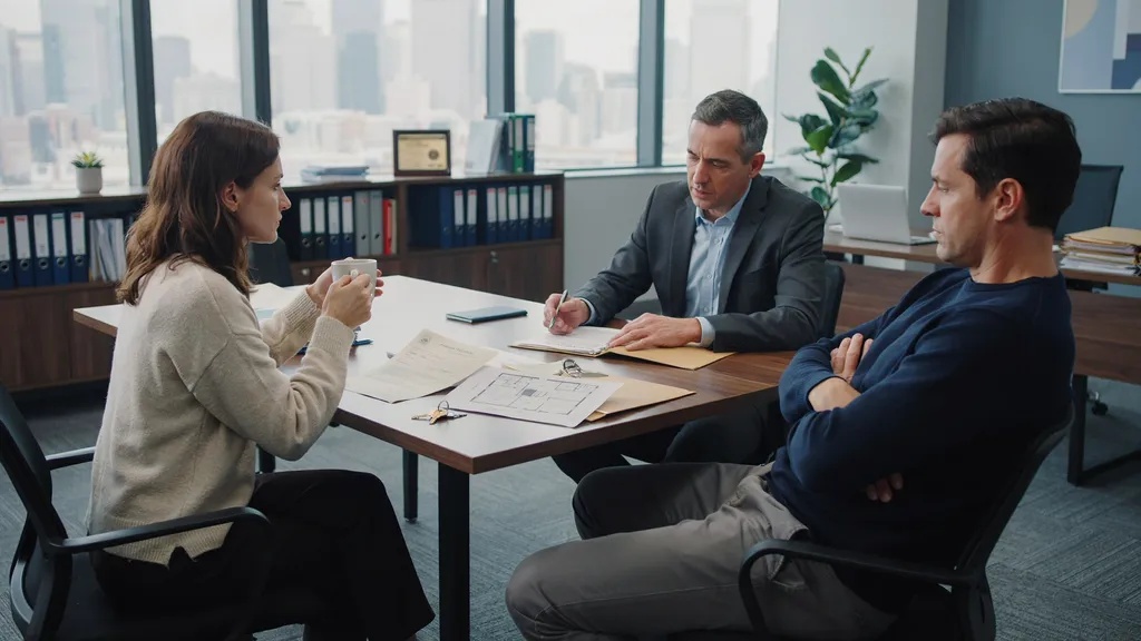 Divorcing couple reviewing property ownership and mortgage documents