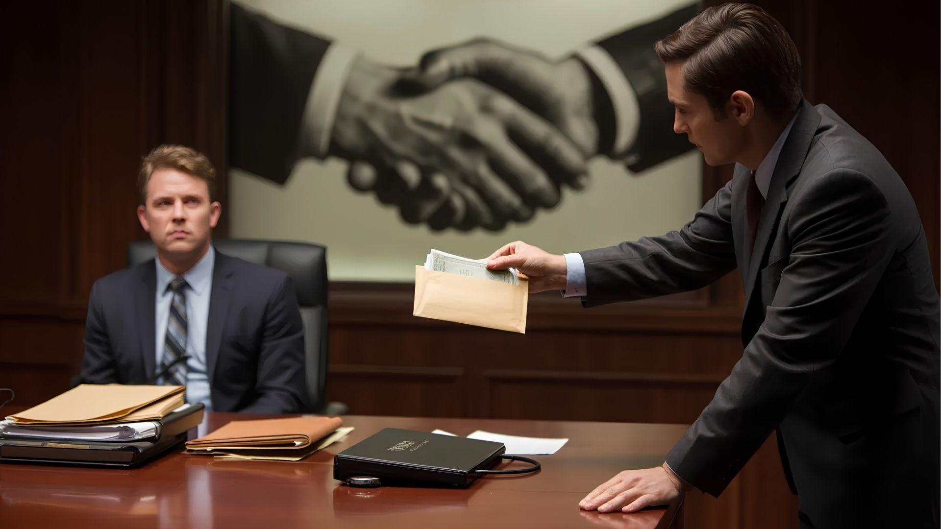 Man secretly passing an envelope of money across a desk to another person
