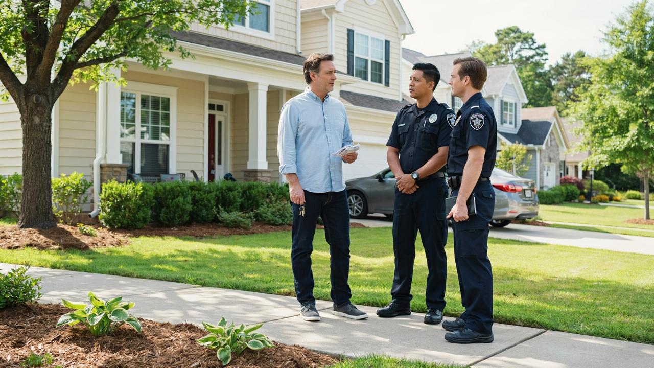 Property owner meeting with law enforcement outside a home to address unauthorized occupancy.
