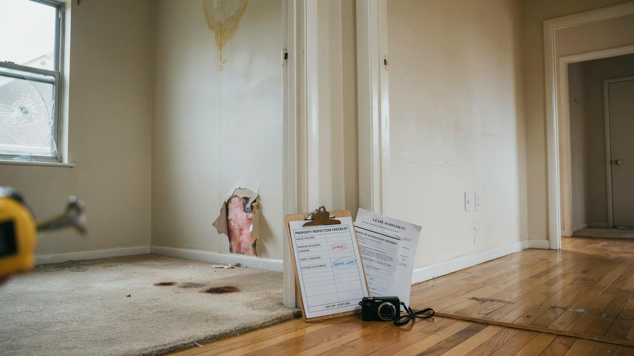 Rental property showing tenant damage, normal wear comparison, inspection checklist, and property documents.