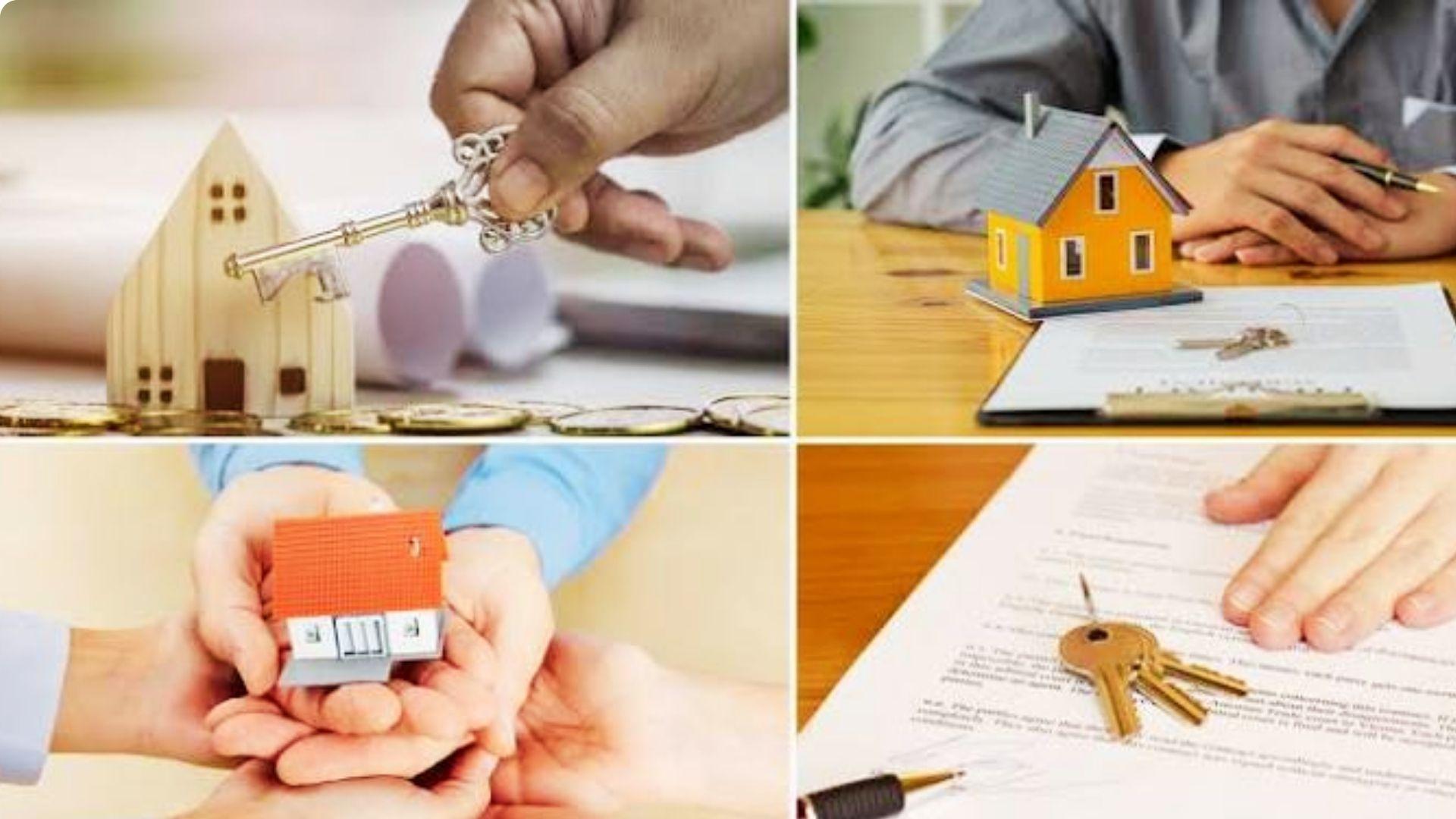 Collage of home buying process with house keys, model homes and property ownership transfer