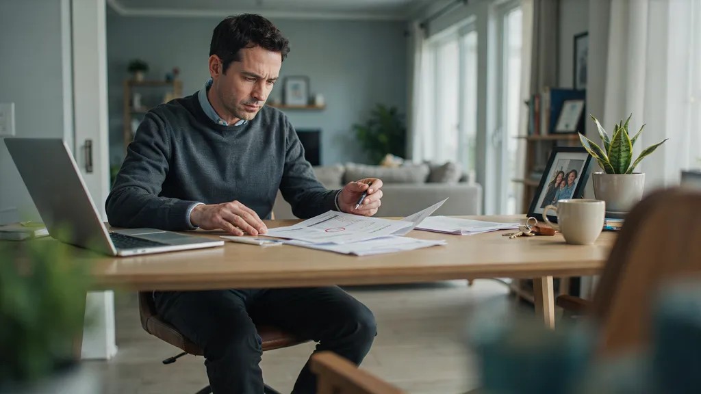 Homeowner reviewing mortgage documents while concerned about foreclosure risks
