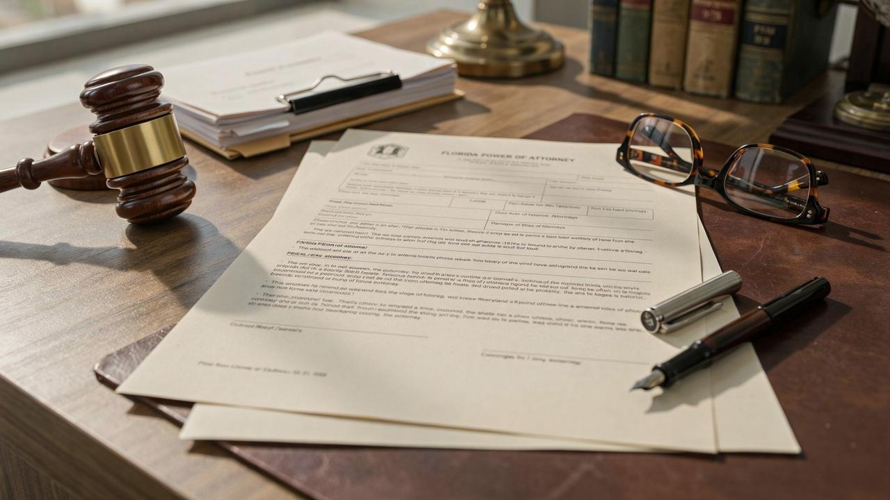Florida power of attorney document with legal paperwork, glasses, and wooden judge's gavel.