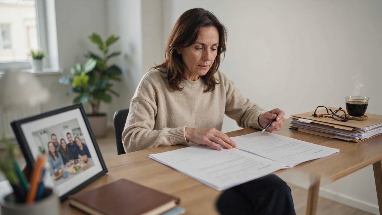 Person organizing will documents with family photo and estate papers, representing planning, guardianship, and inheritance.