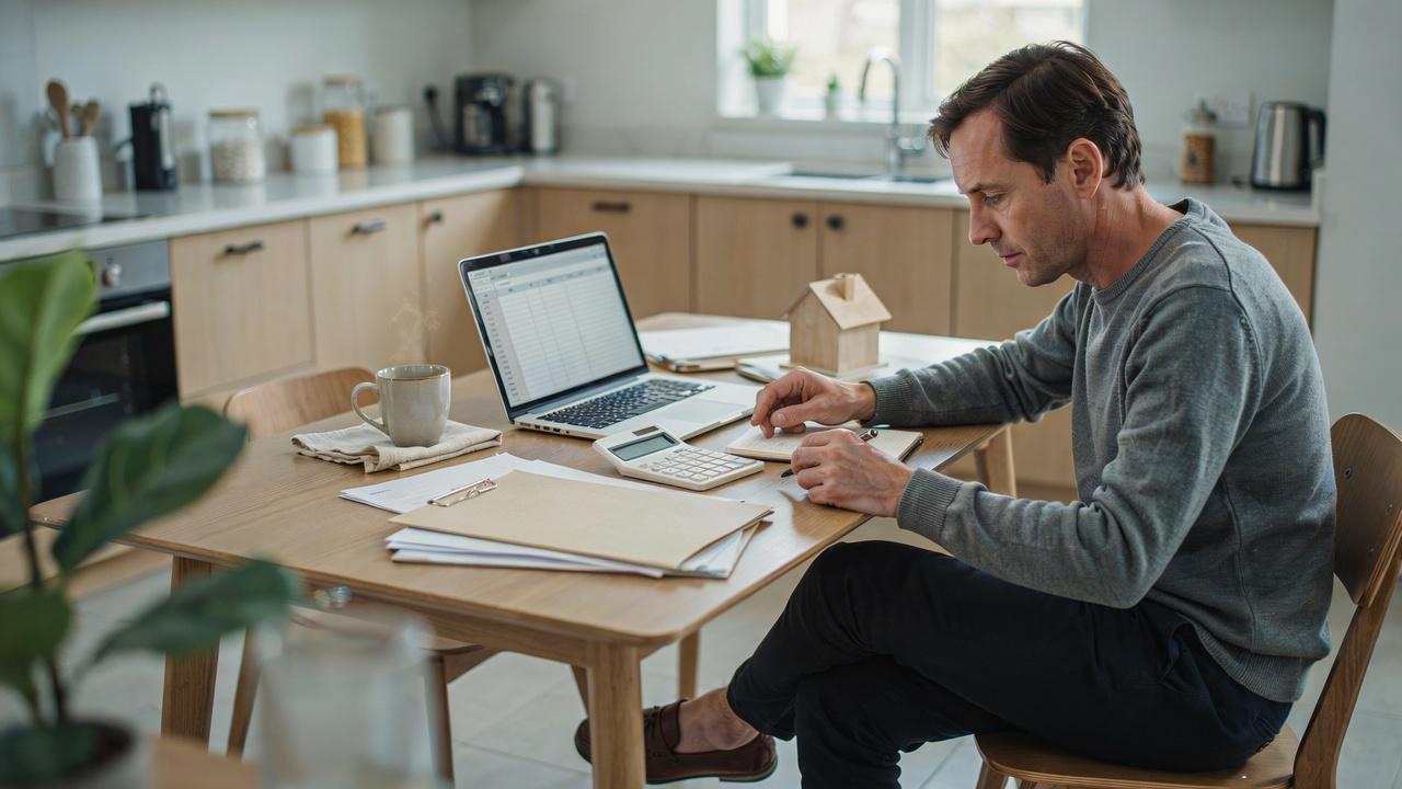 Homeowner reviewing mortgage documents and monthly payments during bankruptcy.
