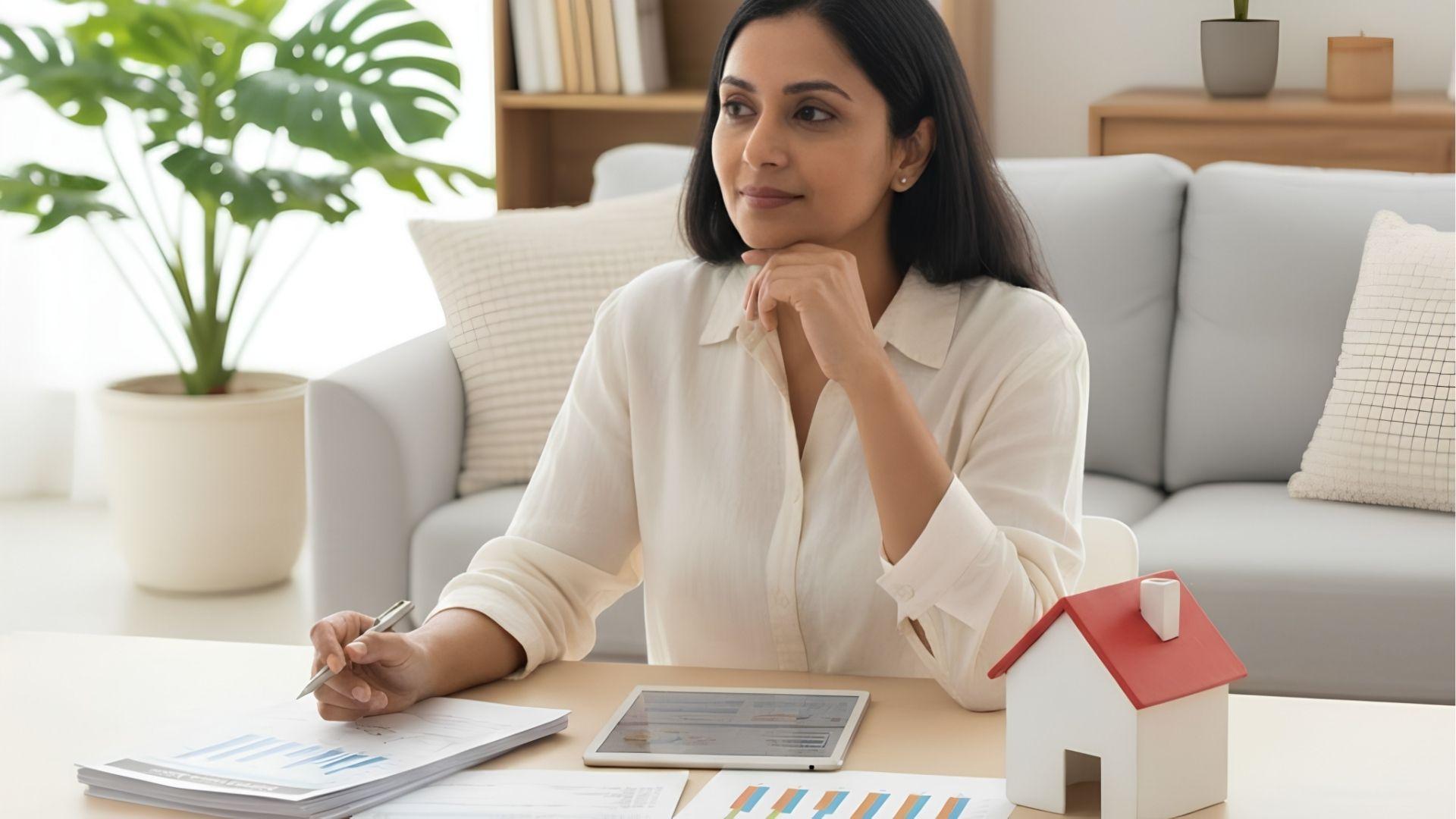 Woman reviewing home financing documents with model house and tablet on desk.