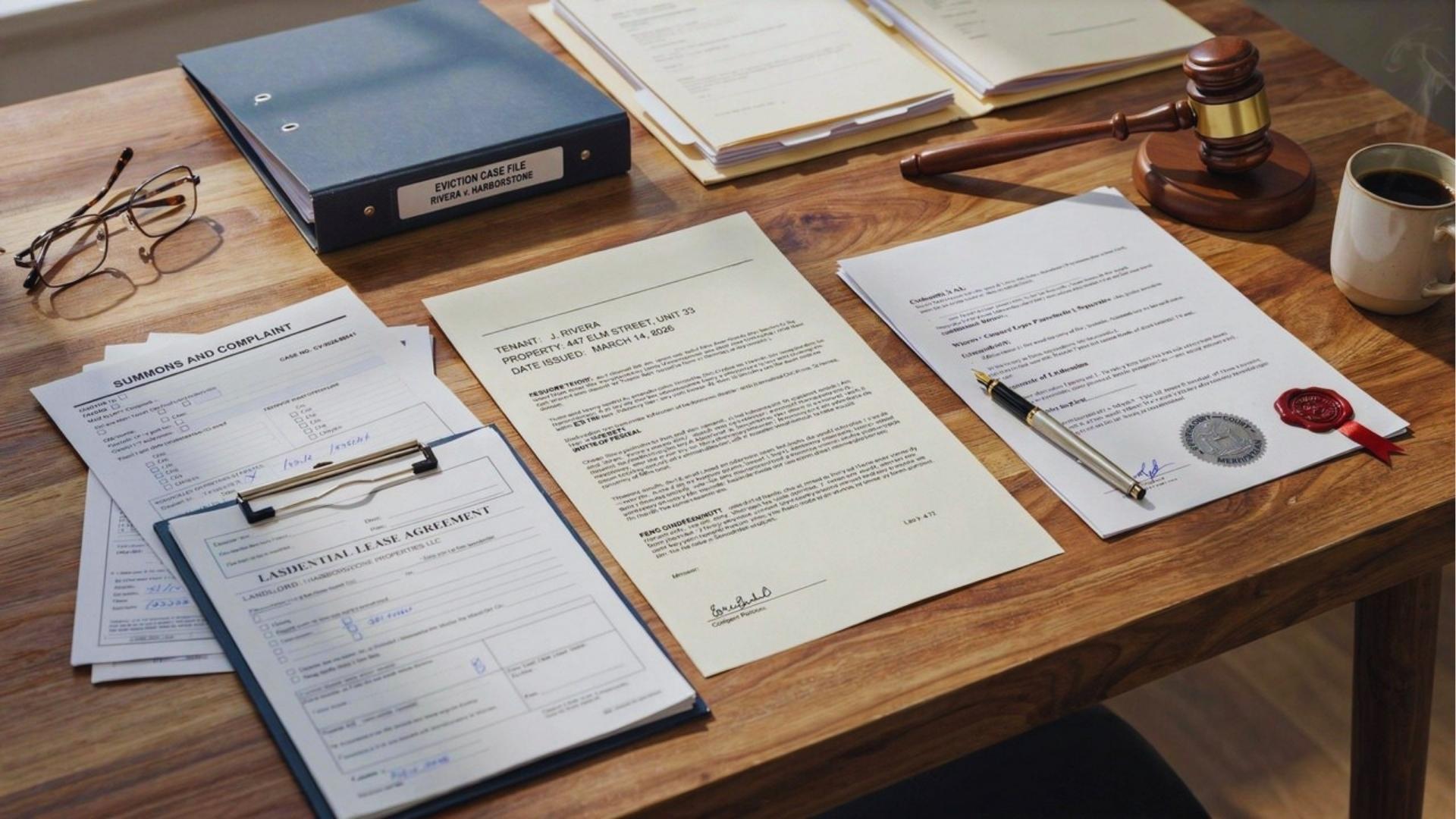 Eviction notice, court filing documents, gavel, lease agreement, and legal paperwork.