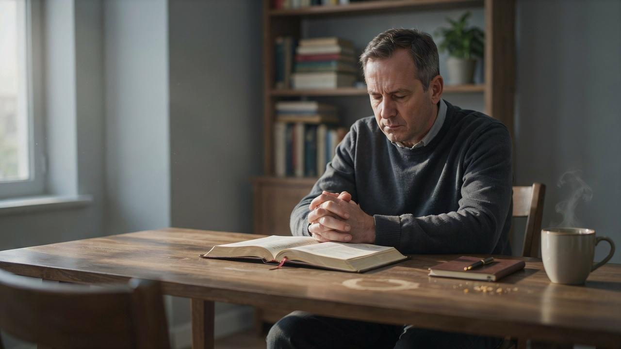 Christian praying beside an open Bible while seeking wisdom and guidance.